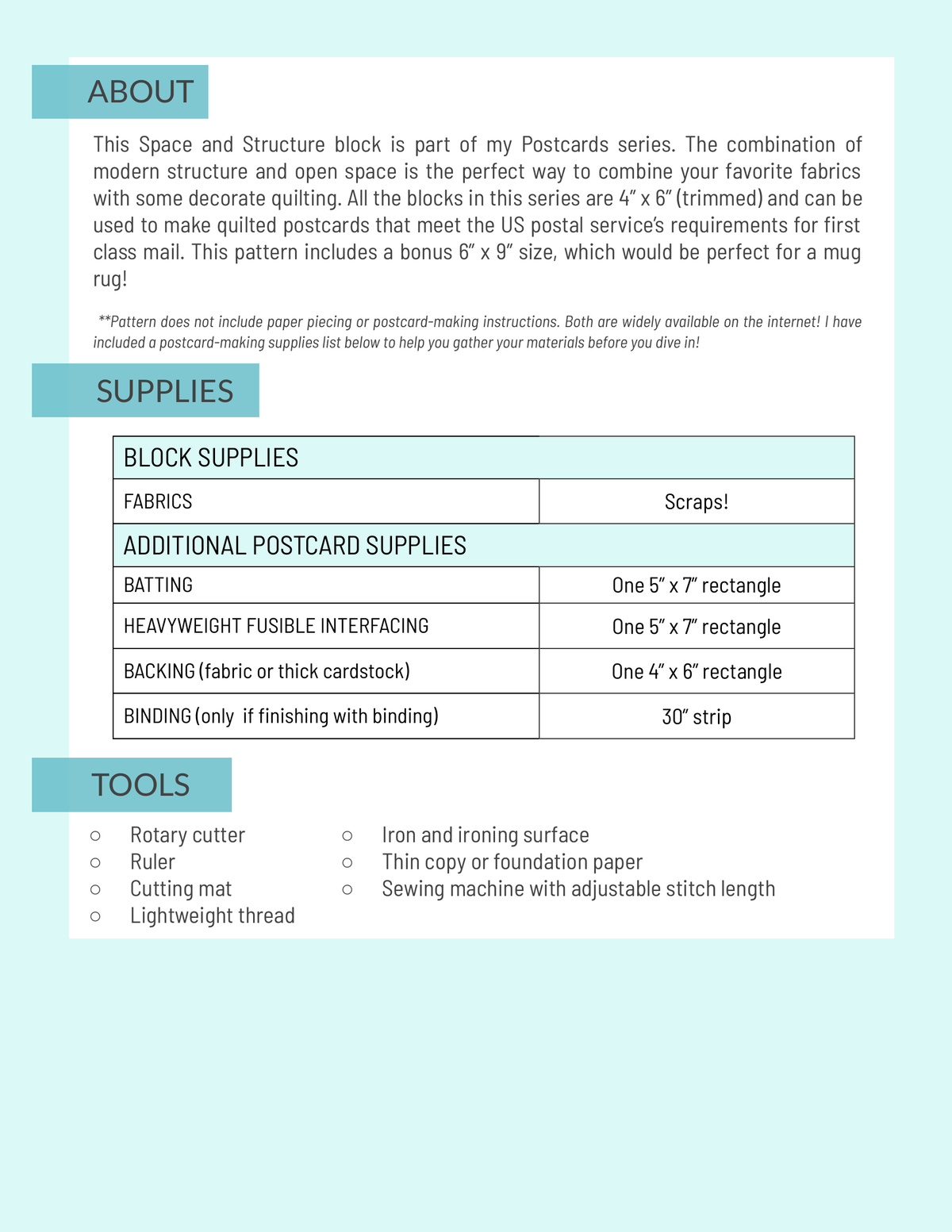 Space and Structure pattern page: about text, block and postcard supplies list, and tools