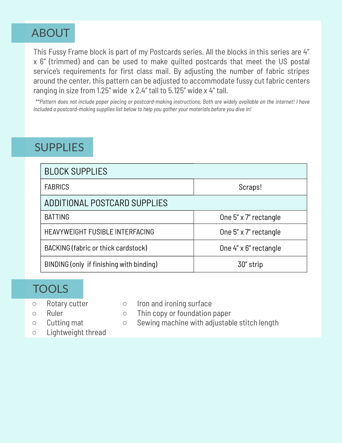 Fussy Frame pattern page: about text, block and postcard supplies list, and tools