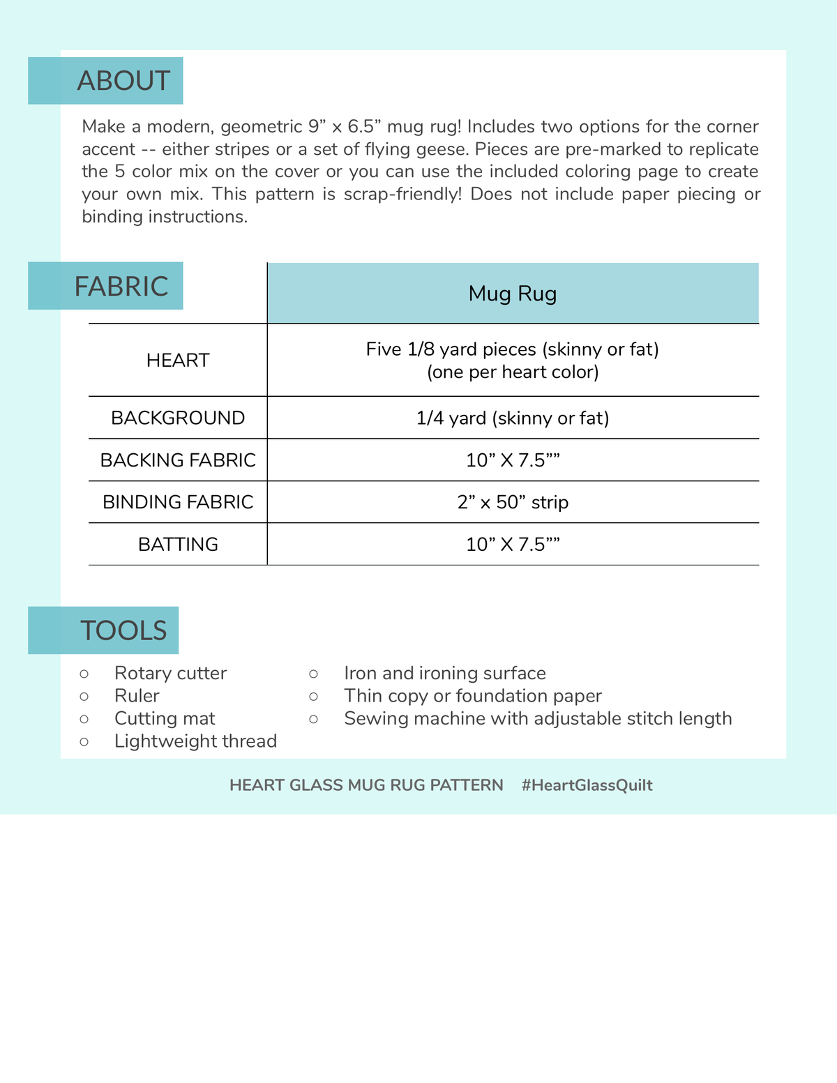 Heart Glass Mug Rug pattern page: about text, fabric table and tools