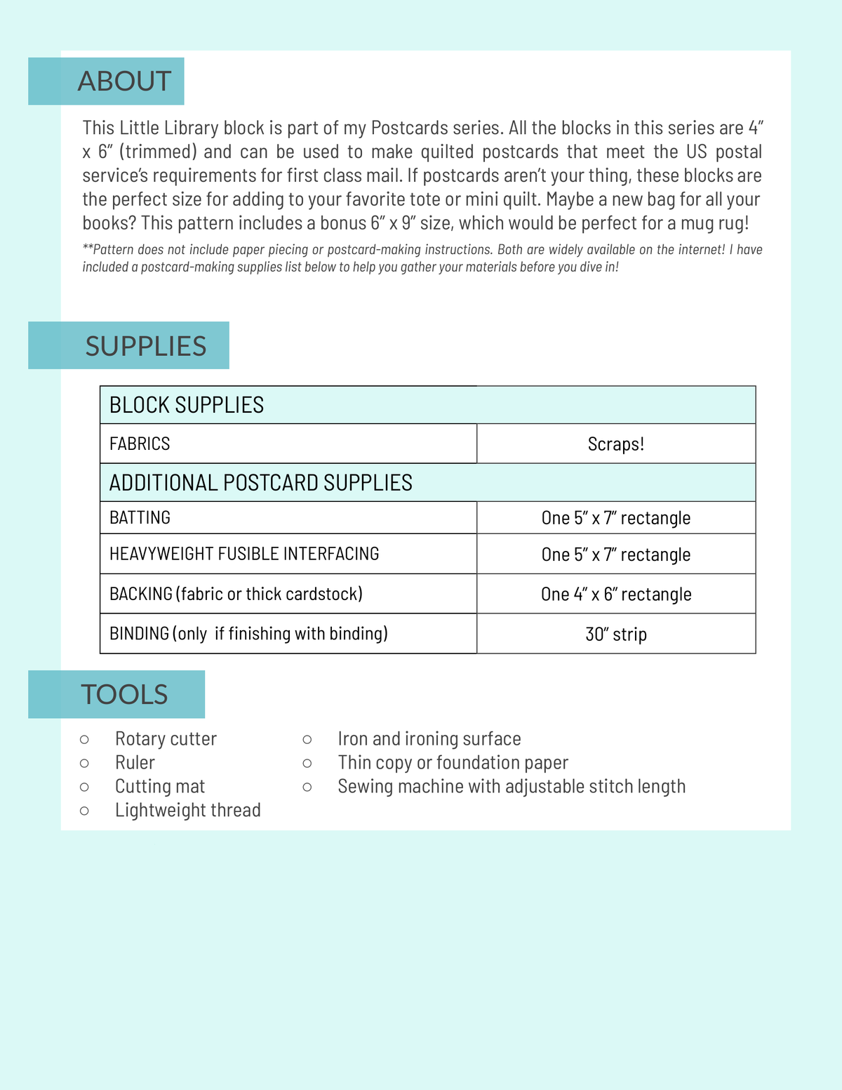 Little Library pattern page: about text, block and postcard supplies list, and tools