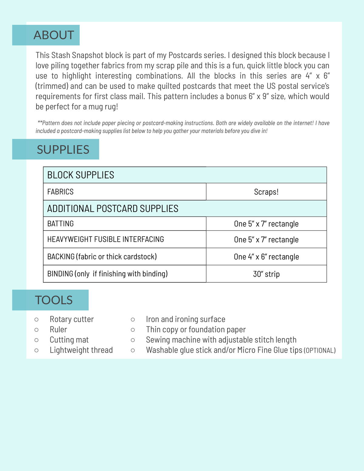 Stash Snapshot pattern page: about text, block and postcard supplies list, and tools