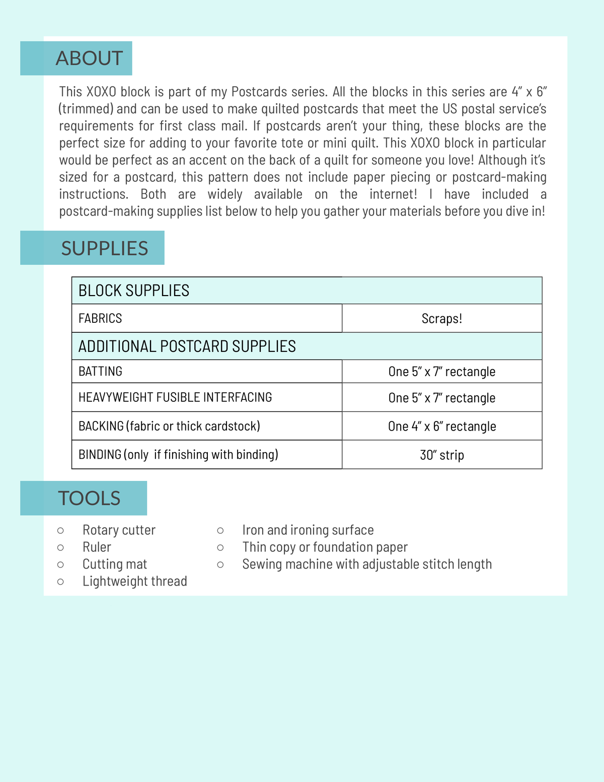 XOXO block pattern page: about text, block and postcard supplies list, and tools