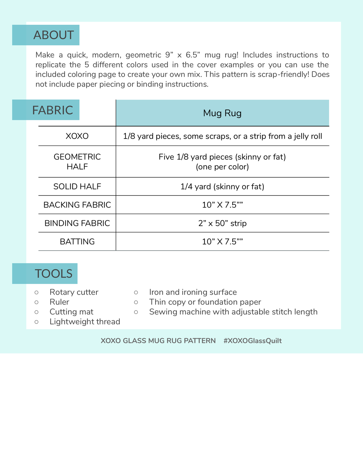 XOXO Glass Mug Rug pattern page: about text, fabric table and tools